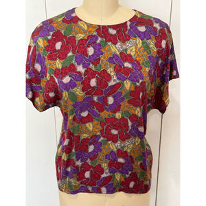 Sanyo Floral Print Silk Short sleeve blouse Size 8 purple red multi